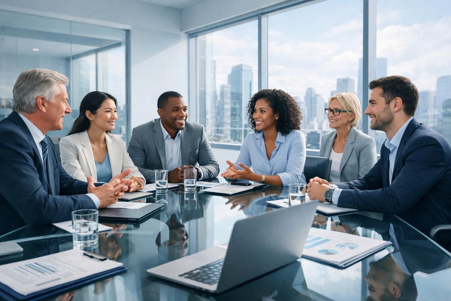 A team of men and women meeting around a glass table in a bright office